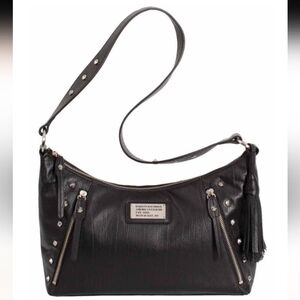 Harley Davidson Black Leather Hexagon Studded Shoulder Bag With Tassel